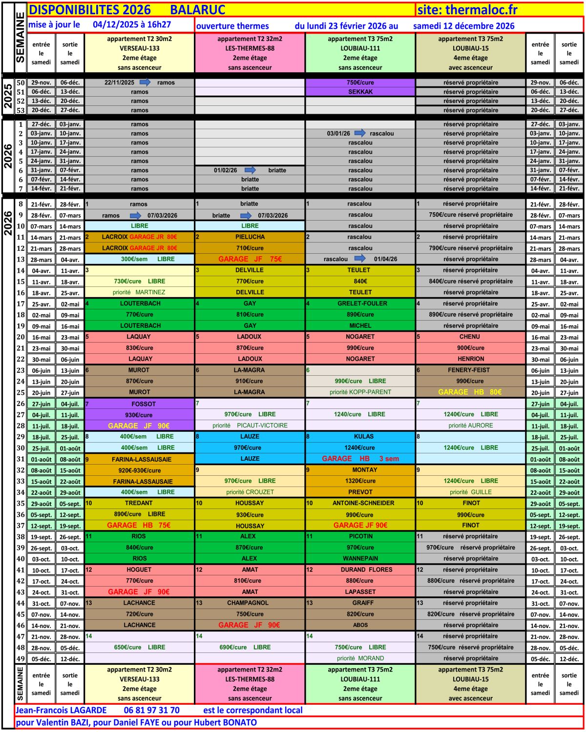dispos et tarifs 2026