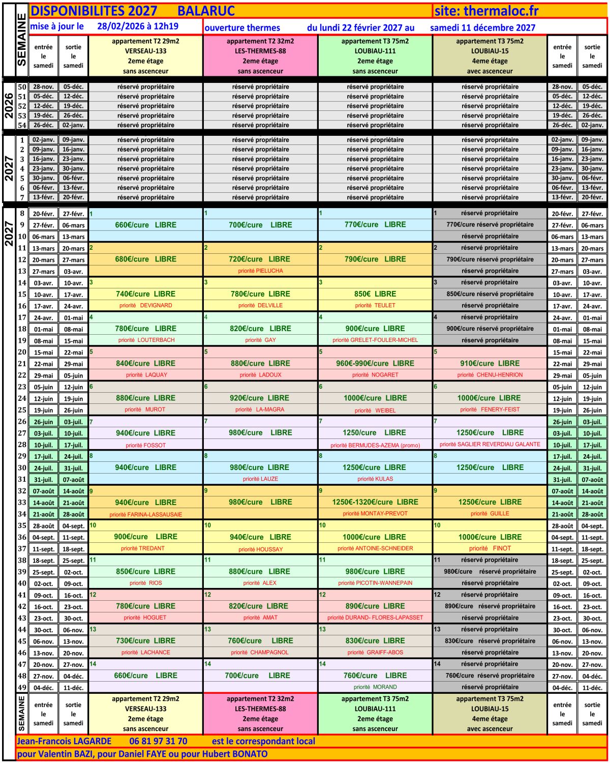 dispos et tarifs 2026